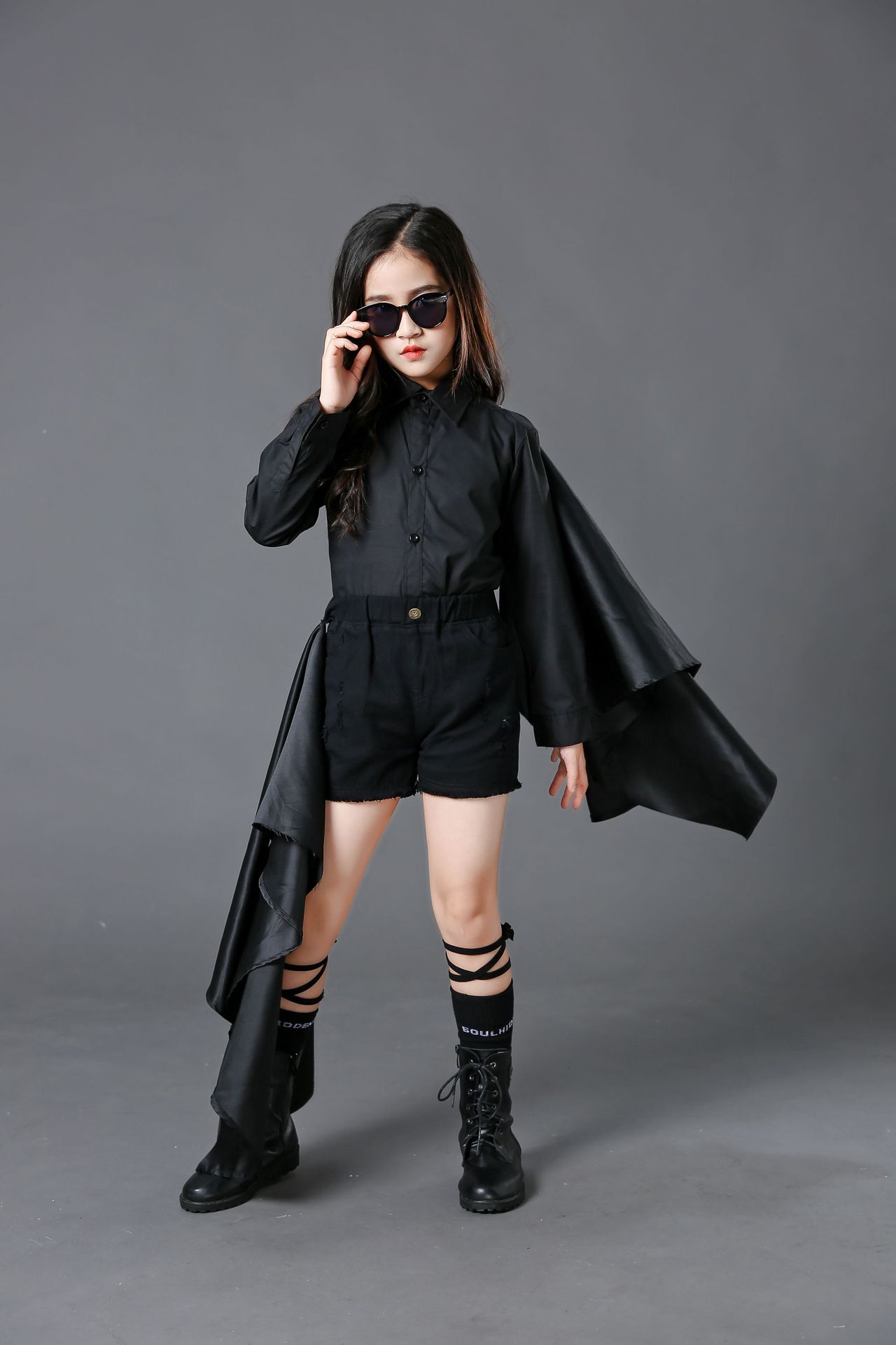 儿童班服女童机车t台走秀服装 儿童模特走秀黑超酷潮服个性演出服