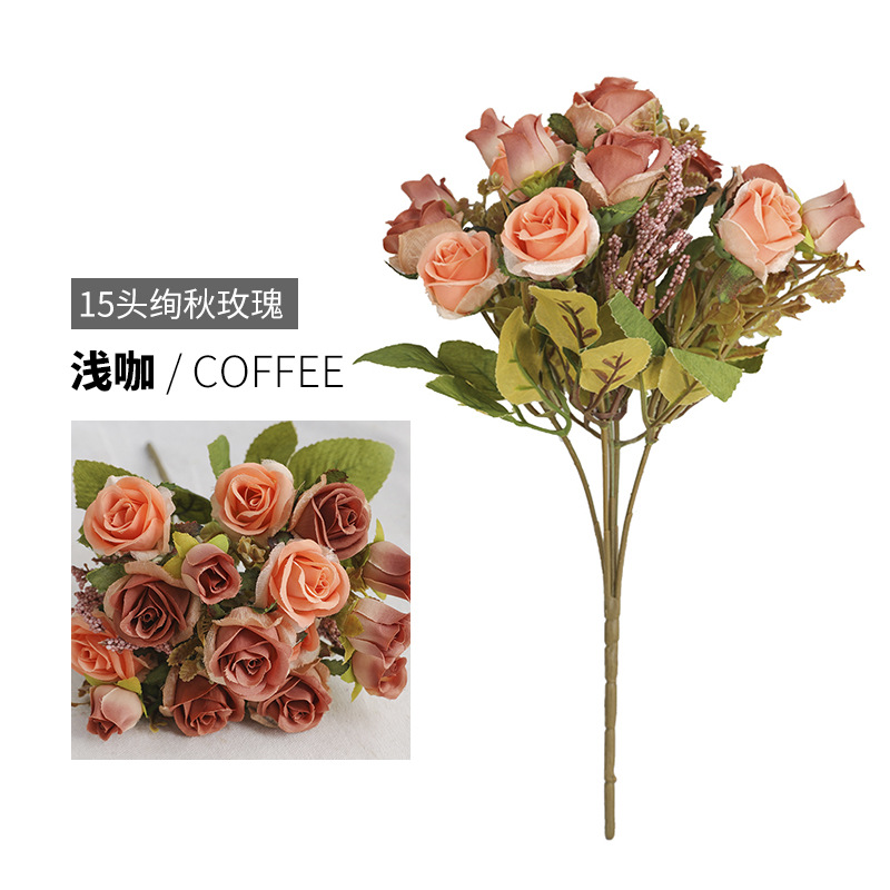 Simulation Small Handle Beam Fake Rose Flower Simulation 15-Head Autumn Rose Simulation Flower Simulation Plant