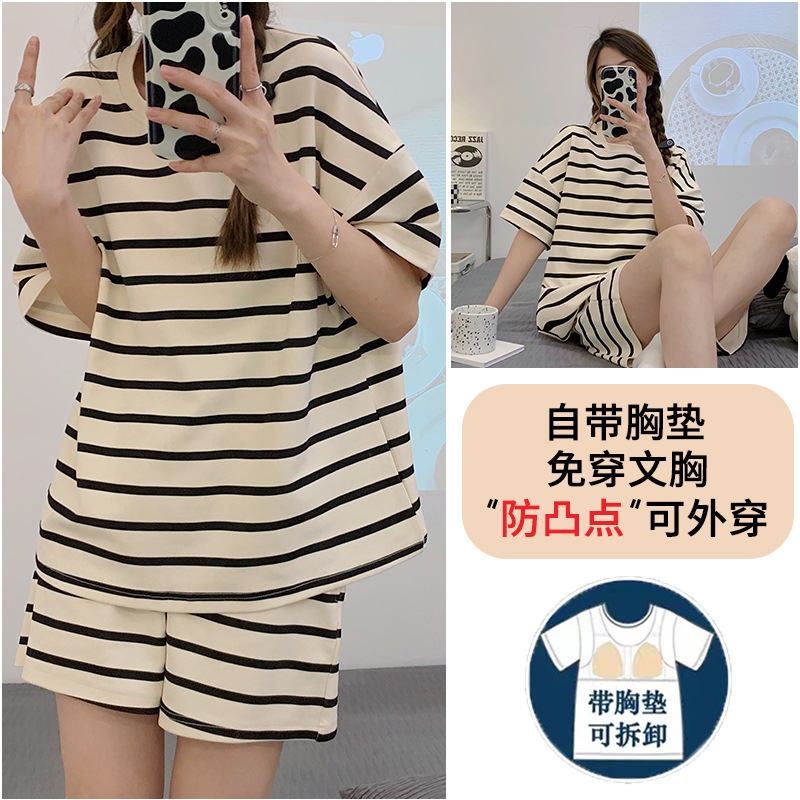 Cartoon Cotton Pajamas Women's Summer Thin round Neck Striped Girl Short Sleeve Short Belt Chest Pad Cotton Home Wear Women's Suit