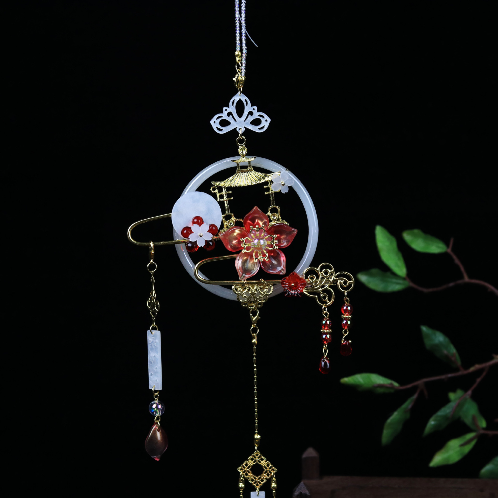 贰玥新品大发冠 禁步压襟莲花琉璃汉服 发夹步摇长飘带【赤莲】