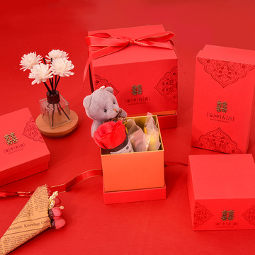 现货婚庆礼品包装盒喜字礼盒结婚喜糖包装红色天地盖伴手礼盒