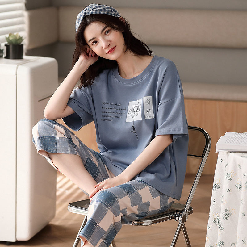 Korean Pajamas Women's Summer Cotton-like Short-Sleeved Cropped Pants Home Wear Summer Thin Casual Cute plus Size Suit