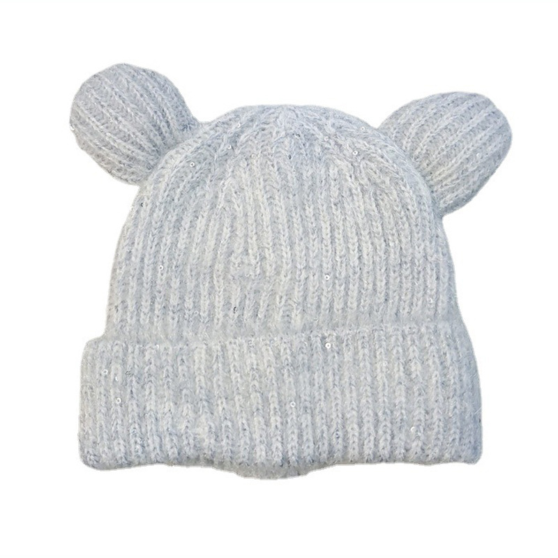 Korean Style Cute Ears Woolen Cap Autumn and Winter Sequins Knitted Hat Thickened Big Head Circumference Loose Face-Looking Small Warm Hat