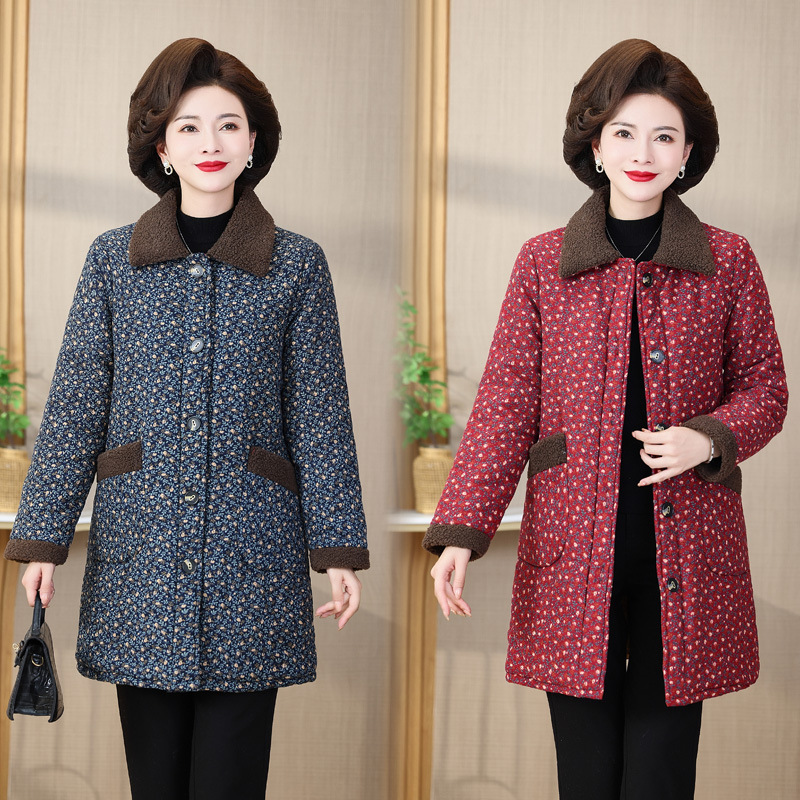 妈妈冬装时尚中长款小碎花加绒加厚棉衣大码外套女中老年花色棉服