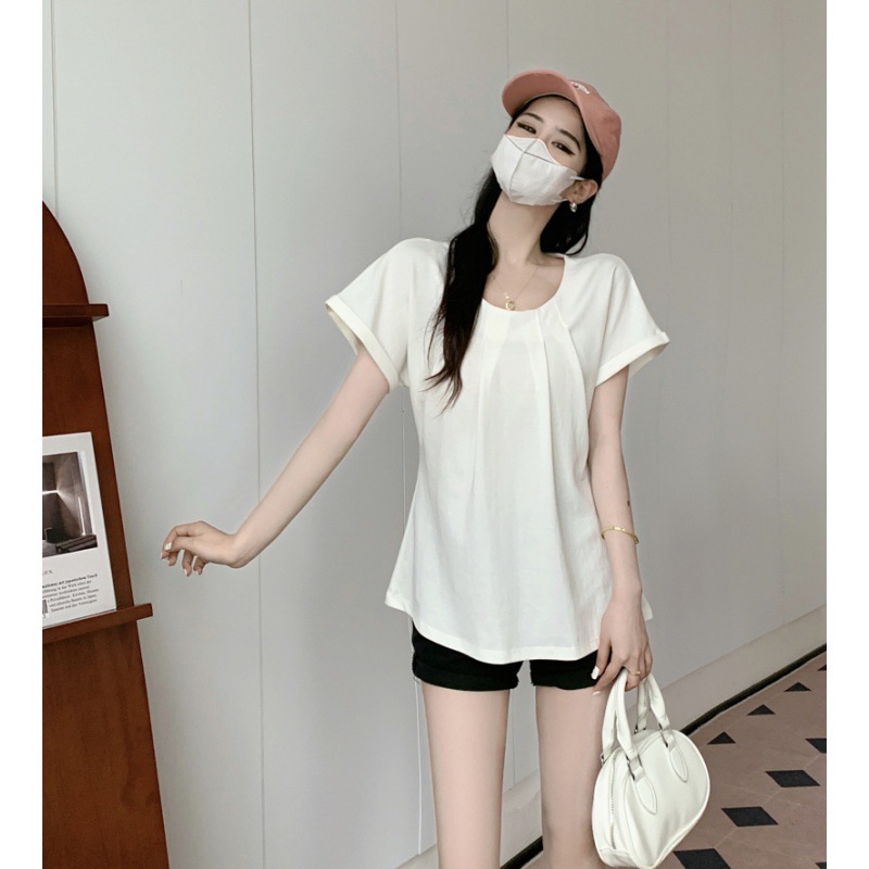 2024夏季新款设计感压褶短袖圆领恤显廋遮肚子宽松上衣-阿里巴巴
