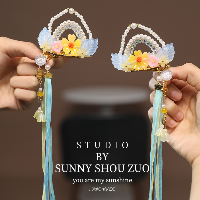 汉服婴儿头饰女网红发卡蝴蝶结diy韩国抓夹针织发带儿童夹子可爱