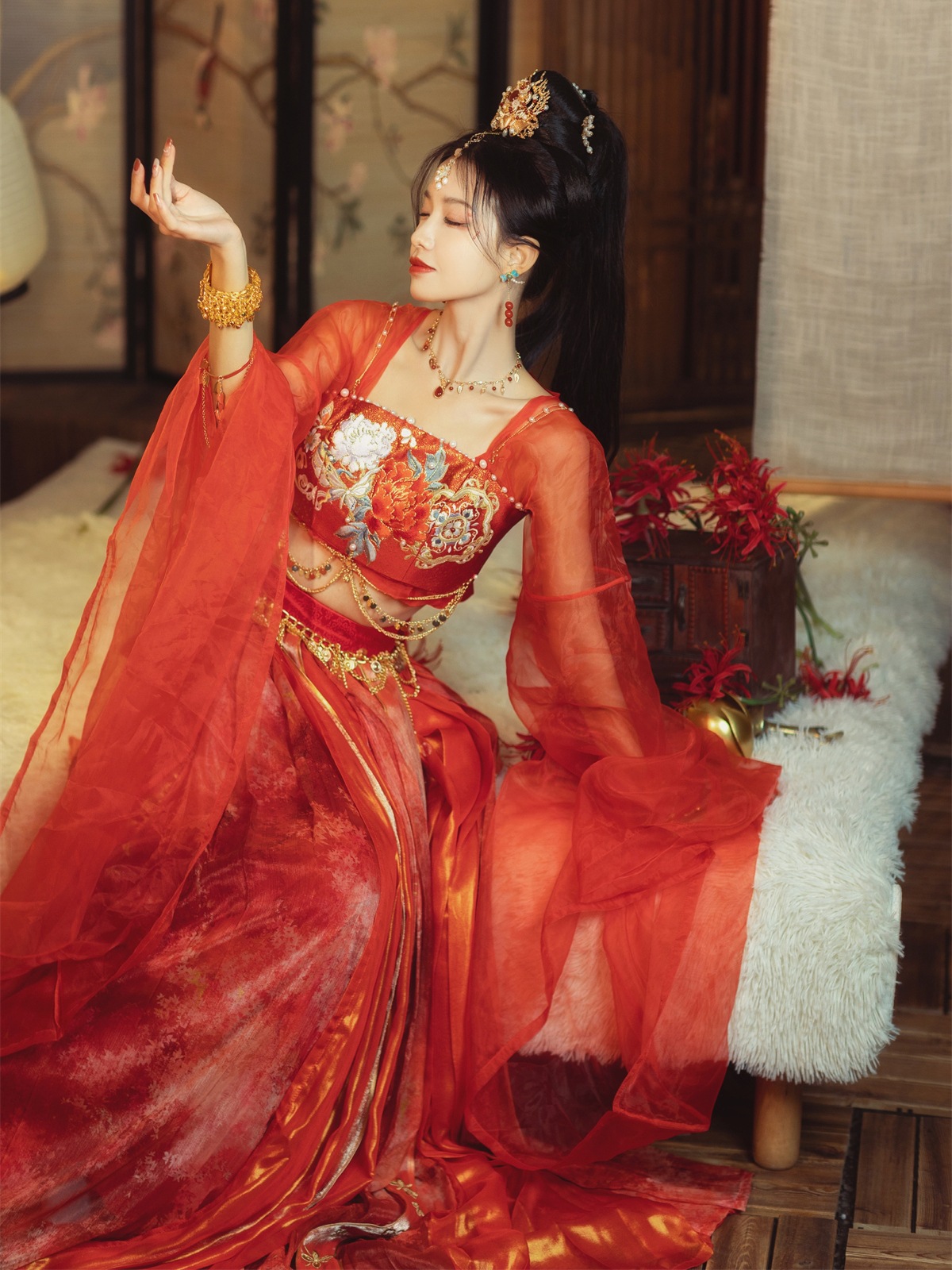 绝世舞姬坦领大袖襦异域风立裁诃子一片式齐腰裙中国风露腰飘带裙