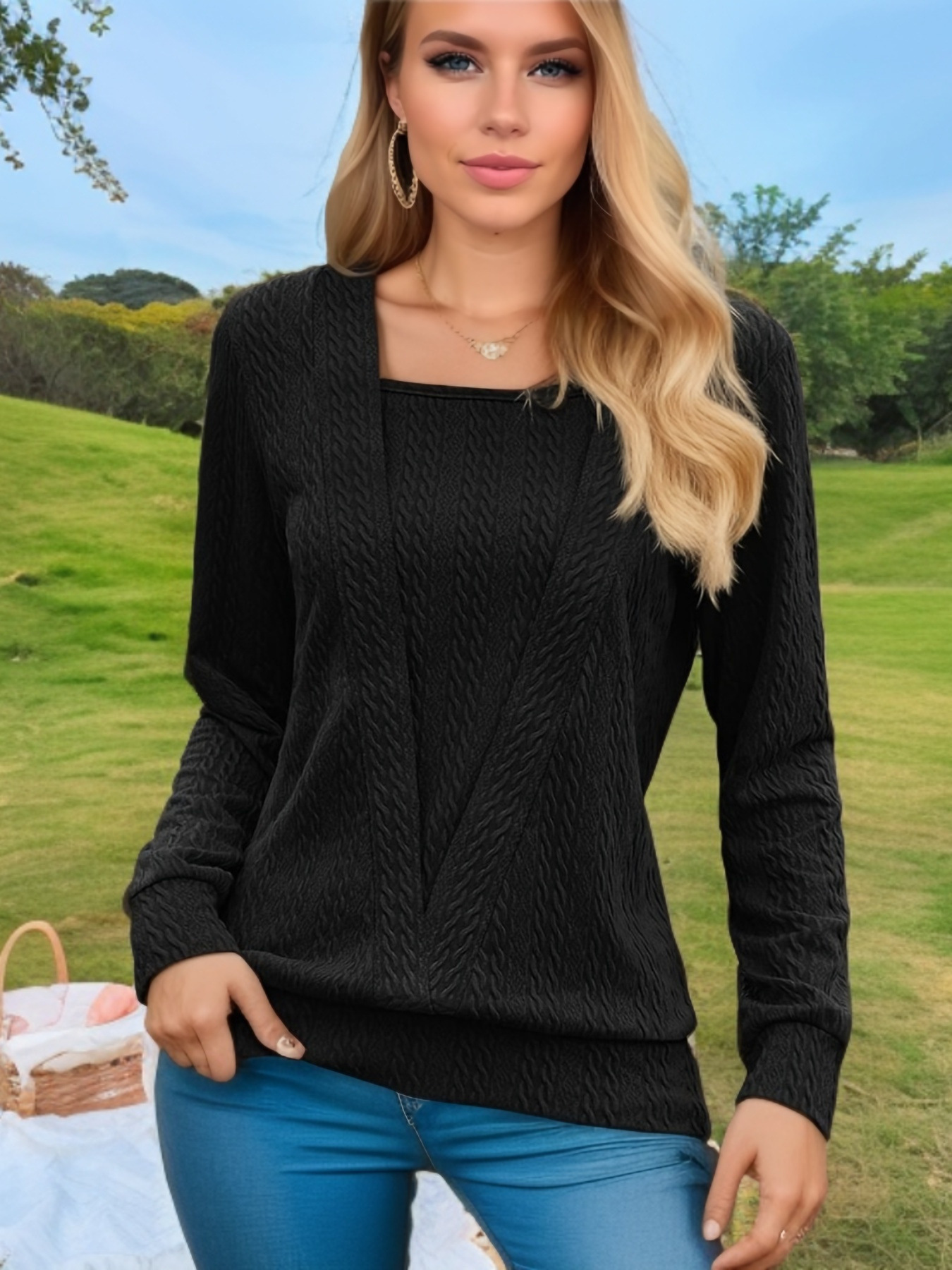 欧美跨境外贸亚马逊秋冬新款女装纯色方领休闲宽松拼接长袖t恤女