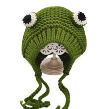 青蛙手工针织可爱韩版头饰头套毛线帽子女秋冬潮护系带耳罩保暖