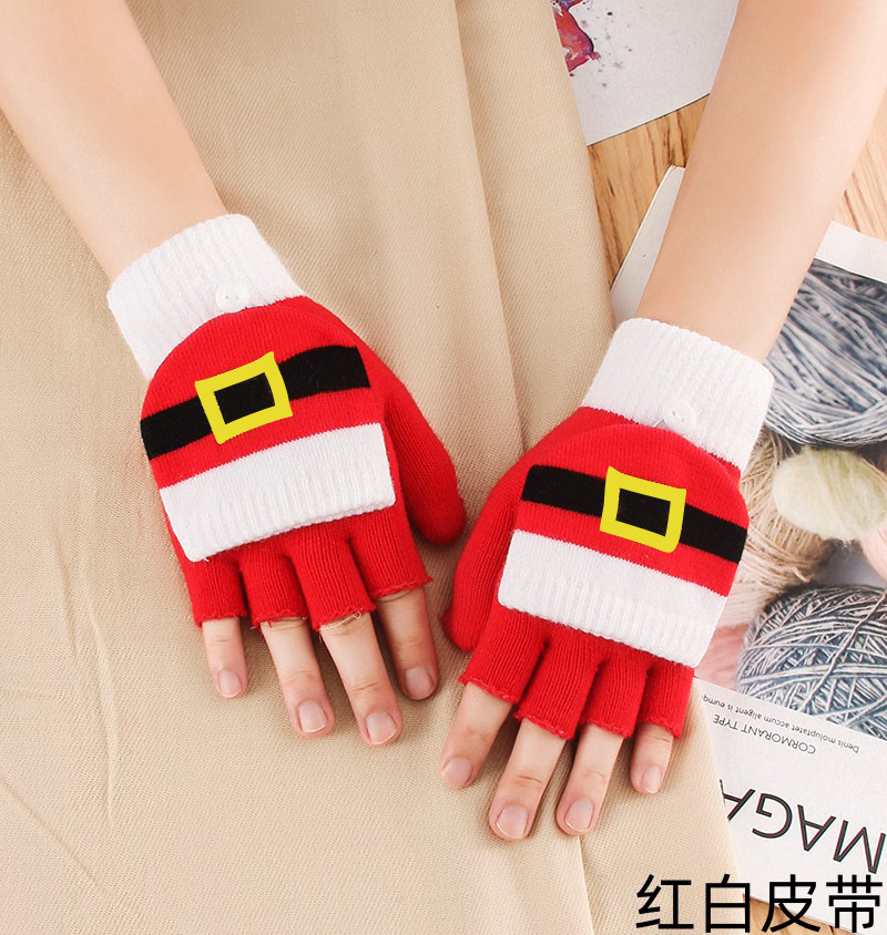 Christmas Gloves for Women Winter Half Finger Flip Cold-Proof Thermal Knitting Wool Cute Cartoon Open Finger Students Wholesale