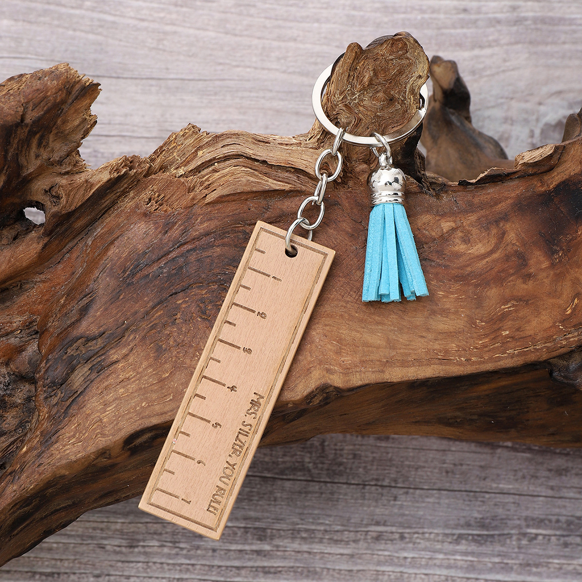 Cross-Border Blue Tassel Measure Gauge Keychain Wooden Accessory Bag Ornaments Automobile Hanging Ornament Factory Wholesale Amazon