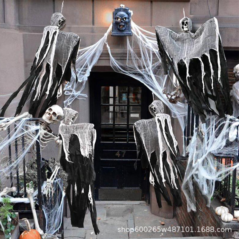 万圣节气氛装饰道具骷髅头纱布鬼脸吊鬼鬼屋门口挂饰悬挂骷髅头