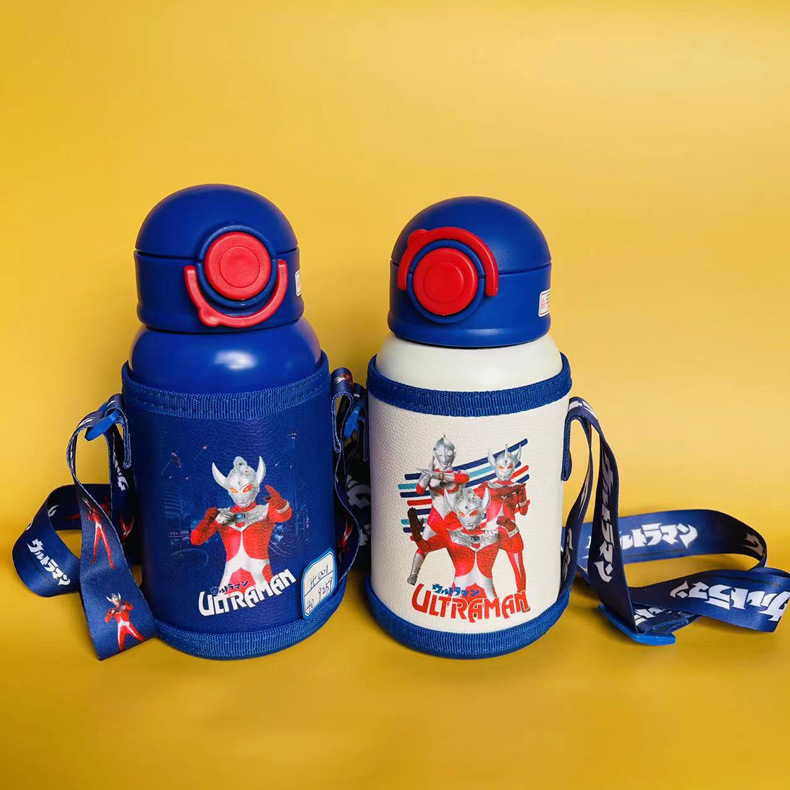 New Ultraman Children's Thermos Mug Stainless Steel Double Cover Cup with Straw Kindergarten Student's Portable Water Bottle Bullet Cup
