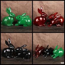 东阳木雕实木红木兔绿色黑色红色木头兔子家居工艺品青色木兔摆件