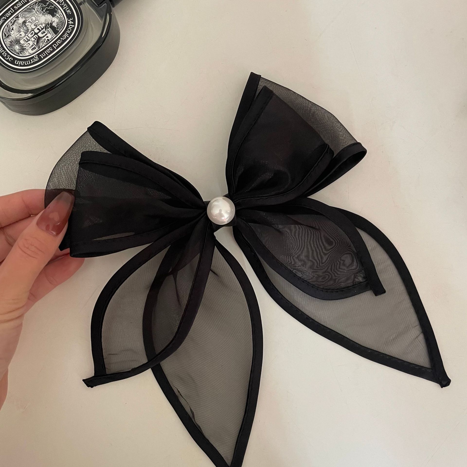 法式ins优雅网纱蝴蝶结飘带珍珠水钻顶夹少女弹簧夹发夹发圈发饰