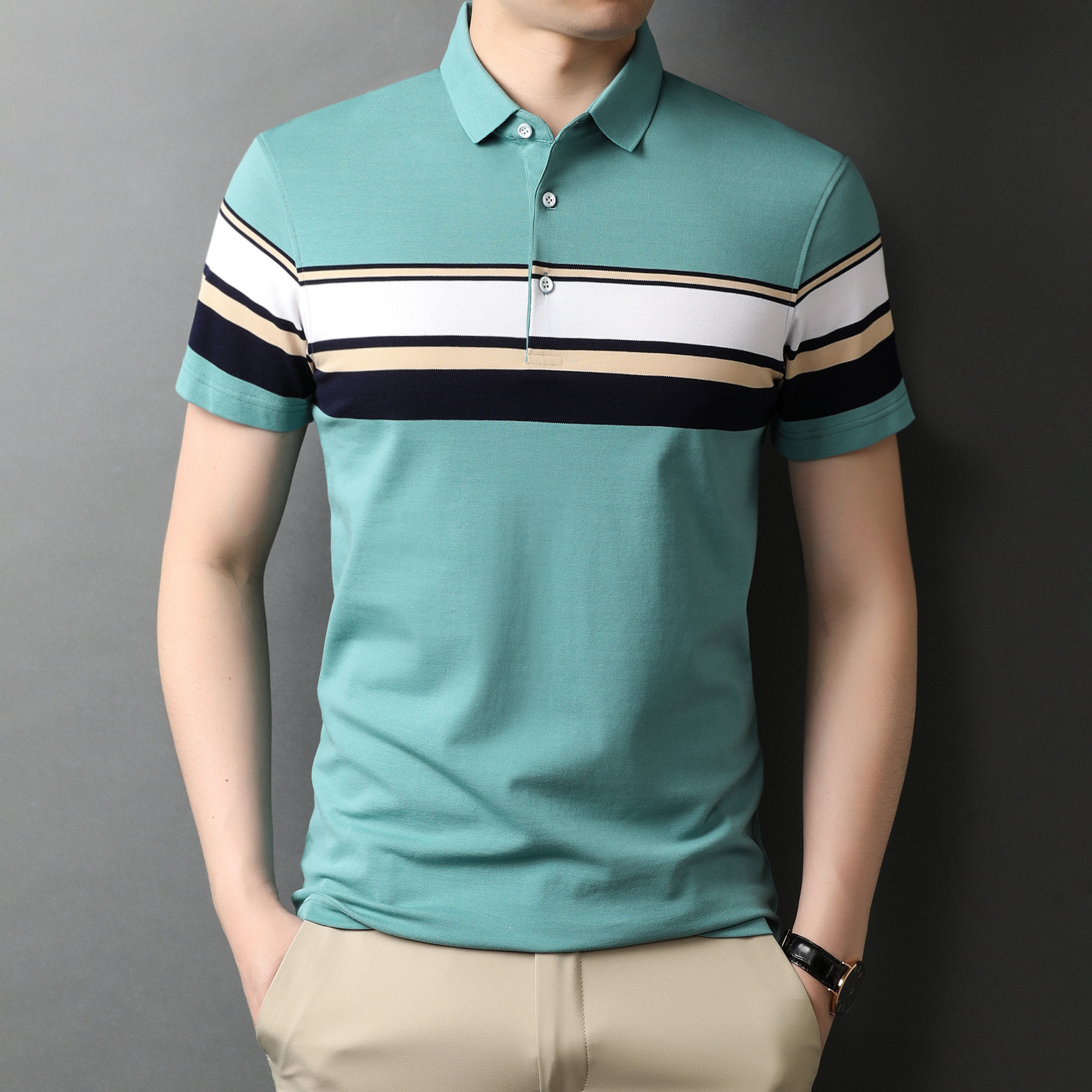 夏装新款男式短袖polo衫时尚条纹短袖t恤男士大码翻领t恤88105