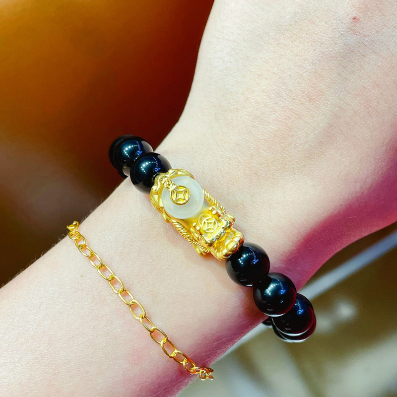 999足金貔貅手链男黄金镶玉情侣手串3d硬金时来运转招财生日送礼