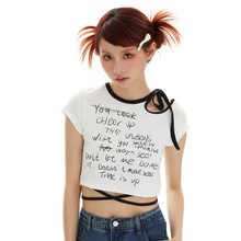 设计感小众绑带修身短袖T恤女生夏季高街潮流字母印花短款上衣