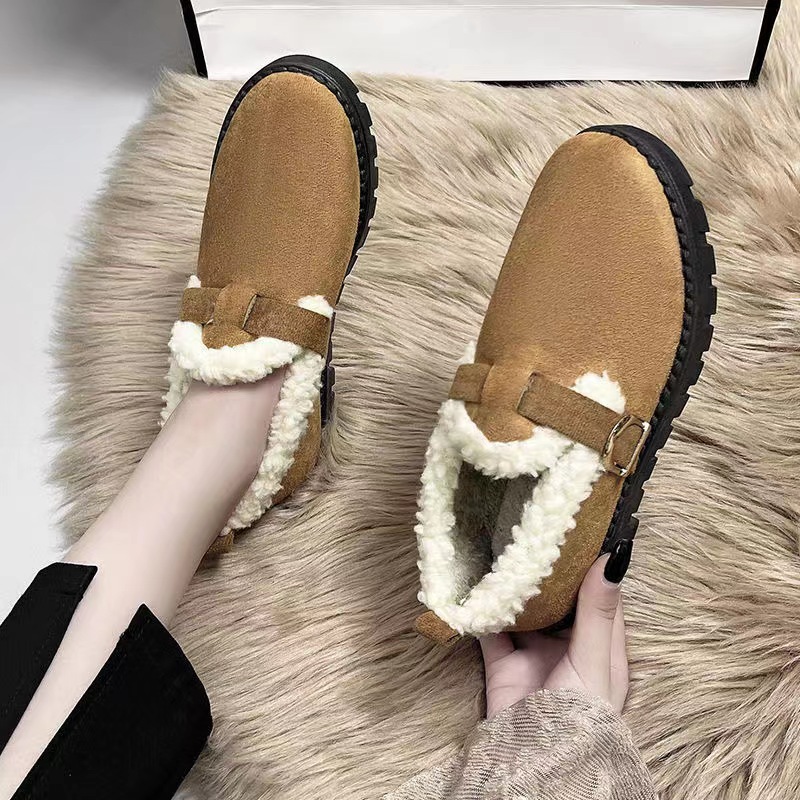 Winter Fluffy Shoes Women's Outer Wear Lamb Wool Peas Shoes Buckle Fleece-lined Thickened Slip-on Warm Shoes Women's Cotton