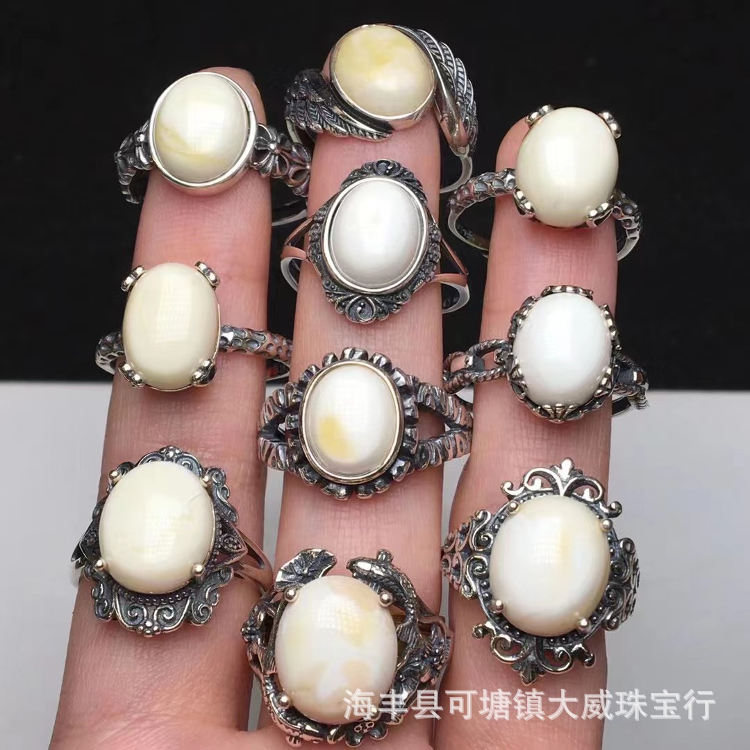 天然白蜜白蜡戒指s925银女款骨瓷白纹路妖娆复古银白蜜戒指批发