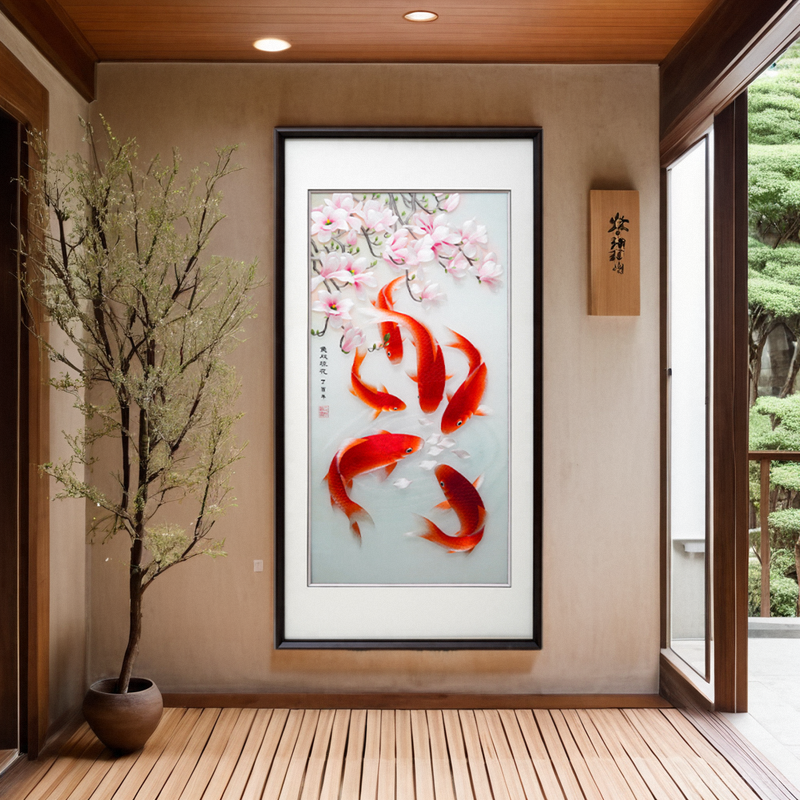 v3u2苏绣纯手工刺绣客厅挂画新中式锦鲤九鱼聚财图玄关走廊绣品装