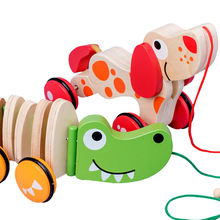 木制拖拉小狗鳄鱼玩具婴幼儿童宝宝1-2-3岁手拉绳学步牵引手拉车