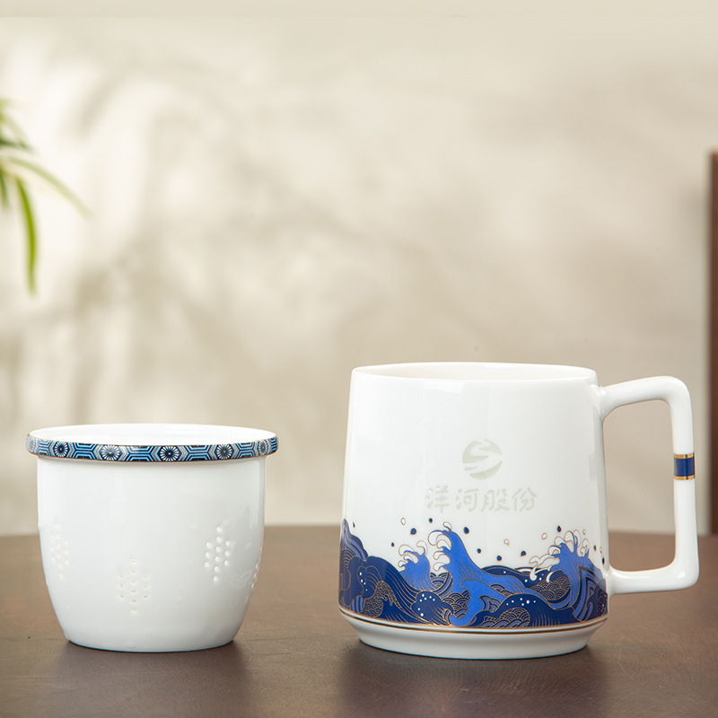 Jingdezhen Ceramic Cup Blue and White Household with Cover Strain Cup Chinese Ceramic Cup Gift Printed Logo