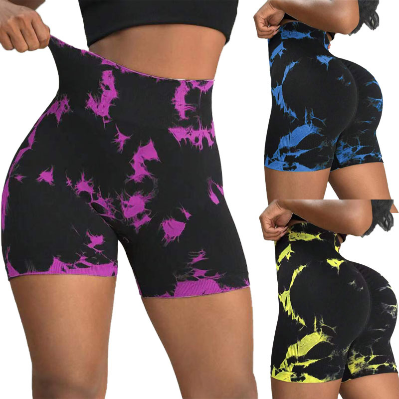 4-Color Seamless High Waist Tie-Dye Sports Shorts Skinny Hip Raise Tie-Float Belly Contracting Peach Yoga Fitness 3-Point Shorts