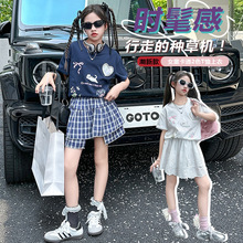 女孩韩版洋气假两件裙夏装新款格子休闲百搭短裙时尚短袖T恤潮