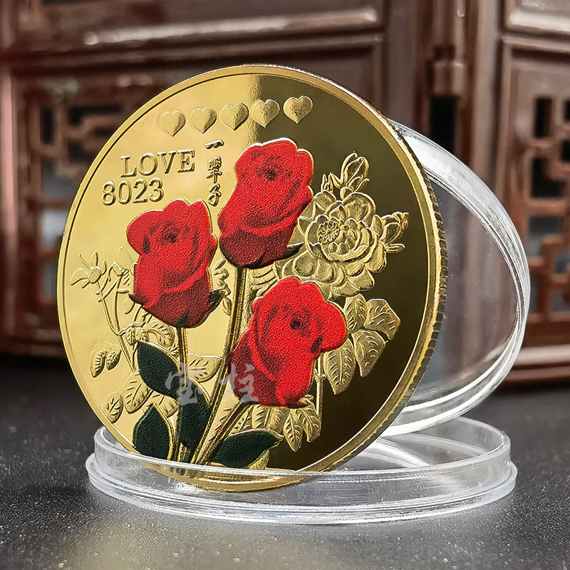 七夕520情人节礼物金属纪念币玫瑰彩色纪念章52种语言纪念品批发
