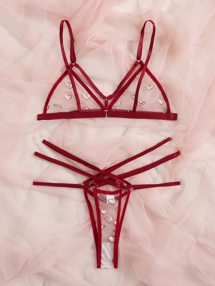 情趣内衣女 欧美外贸性感网纱透视爱心三点式情趣套装一件代发