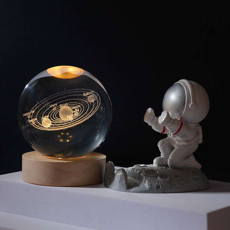 3D laser carved luminous crystal ball glass decoration solar system moon luminous wood base wholesale student gifts 291 details Picture