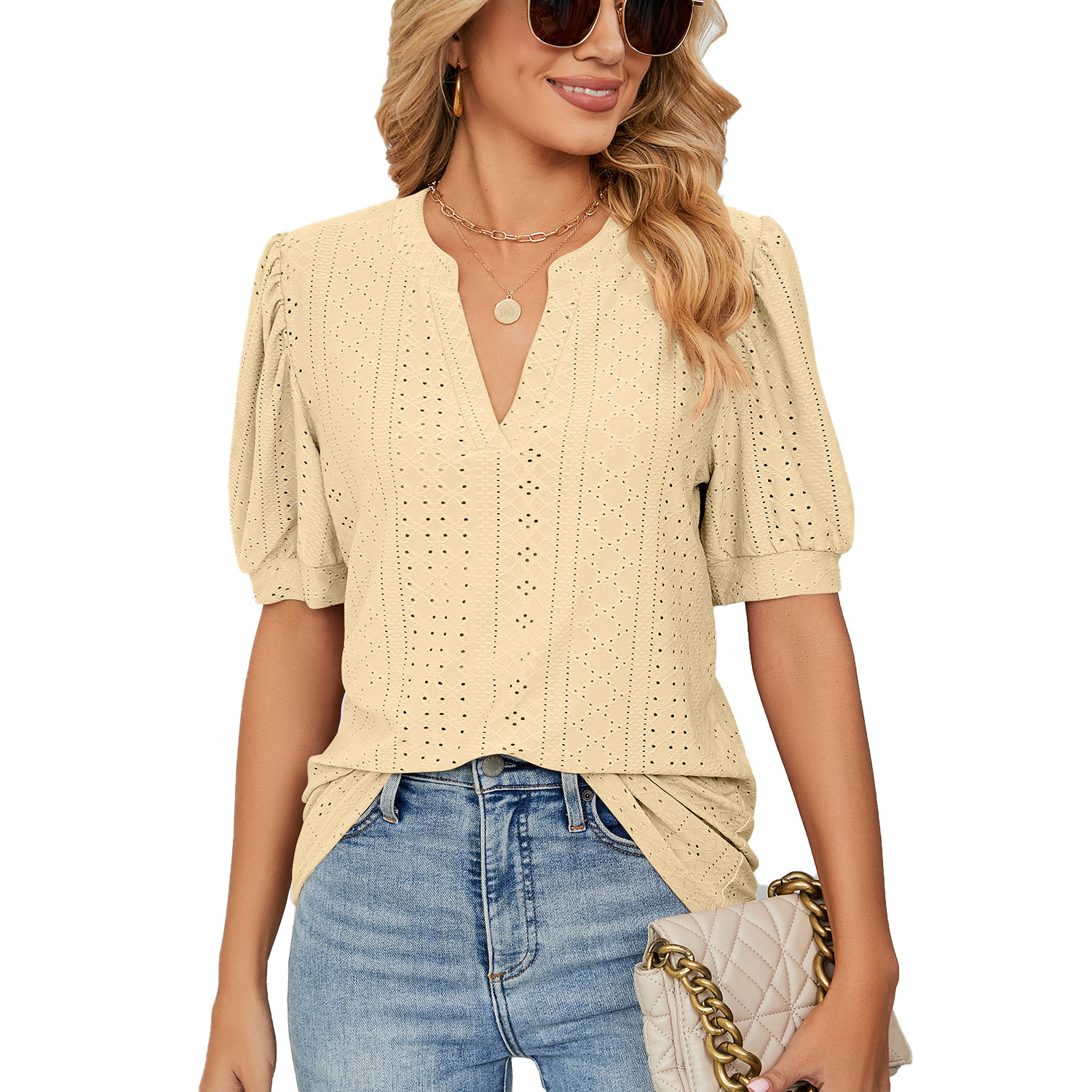 Europe and America Cross Border Foreign Trade 2023 Amazon Summer Casual V-neck Solid Color Hollow Puff Sleeve Loose-Fitting T-shirt Top Women