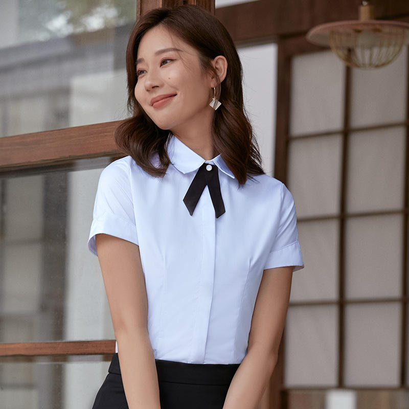 女士白色短袖衬衫竹纤维暗扣不透防走光面试公司上班工作服职业装