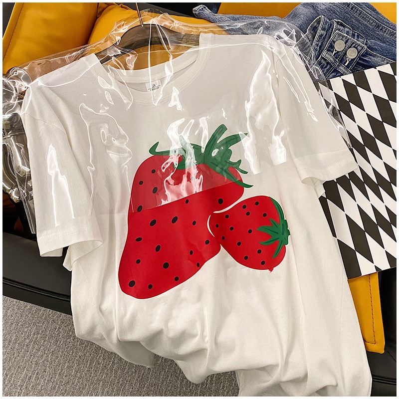 上衣服潮一件代发纯棉短袖新款夏季短款少女可爱草莓图案t恤印花韩版