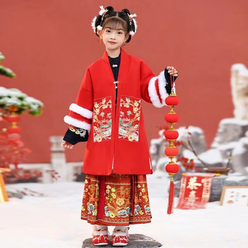 Original Children's Han Chinese Costume Girls New Year Clothes Chinese Style Tang Suit with Velvet Daily Horse-Face Skirt New Year Clothes Autumn and Winter Suit