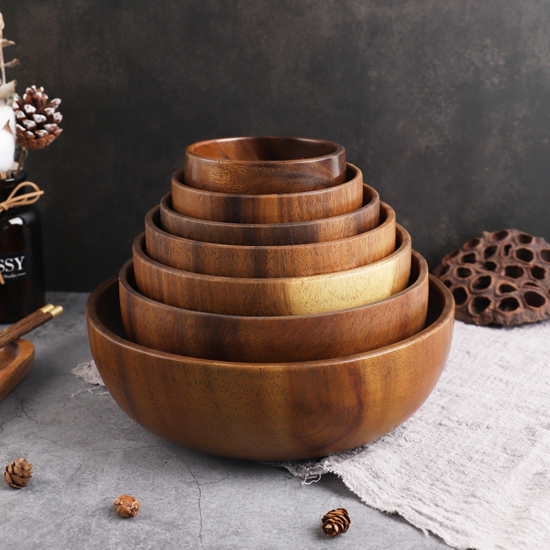 整木沙拉碗日式酒店大水果钵儿童木碗木制碗平底家用无漆无蜡定制