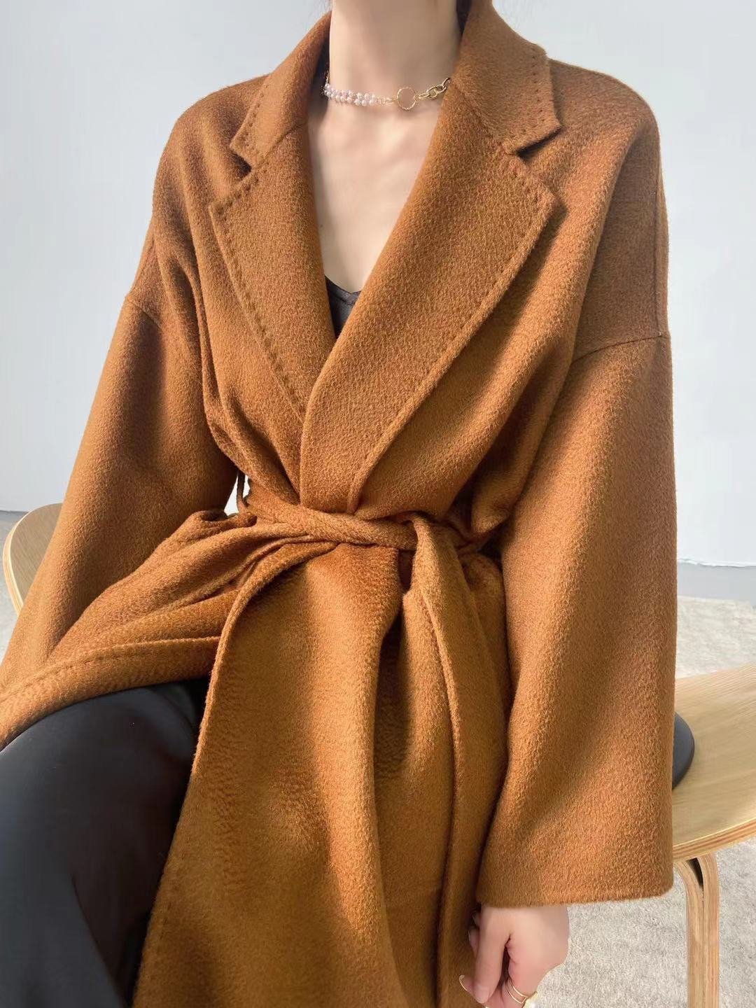 m同款水波纹2021款秋冬韩版气质双面呢大衣女小个子冬季毛呢外套