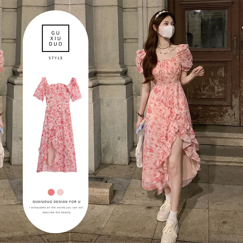 粉色花苞碎花连衣裙子女夏季微胖mm风情万种茶歇法式气质收腰长裙