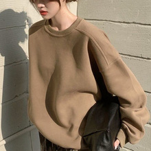 棕色卫衣女2023年春秋季新款美式圆领套头宽松设计感小众长袖上衣