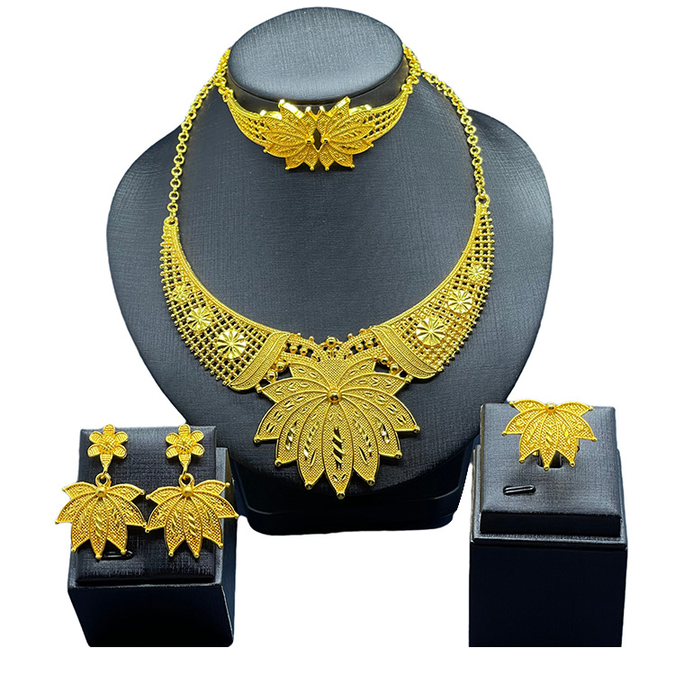 24k镀金迪拜新娘首饰套装项链耳环女士饰品两件套现货厂家直