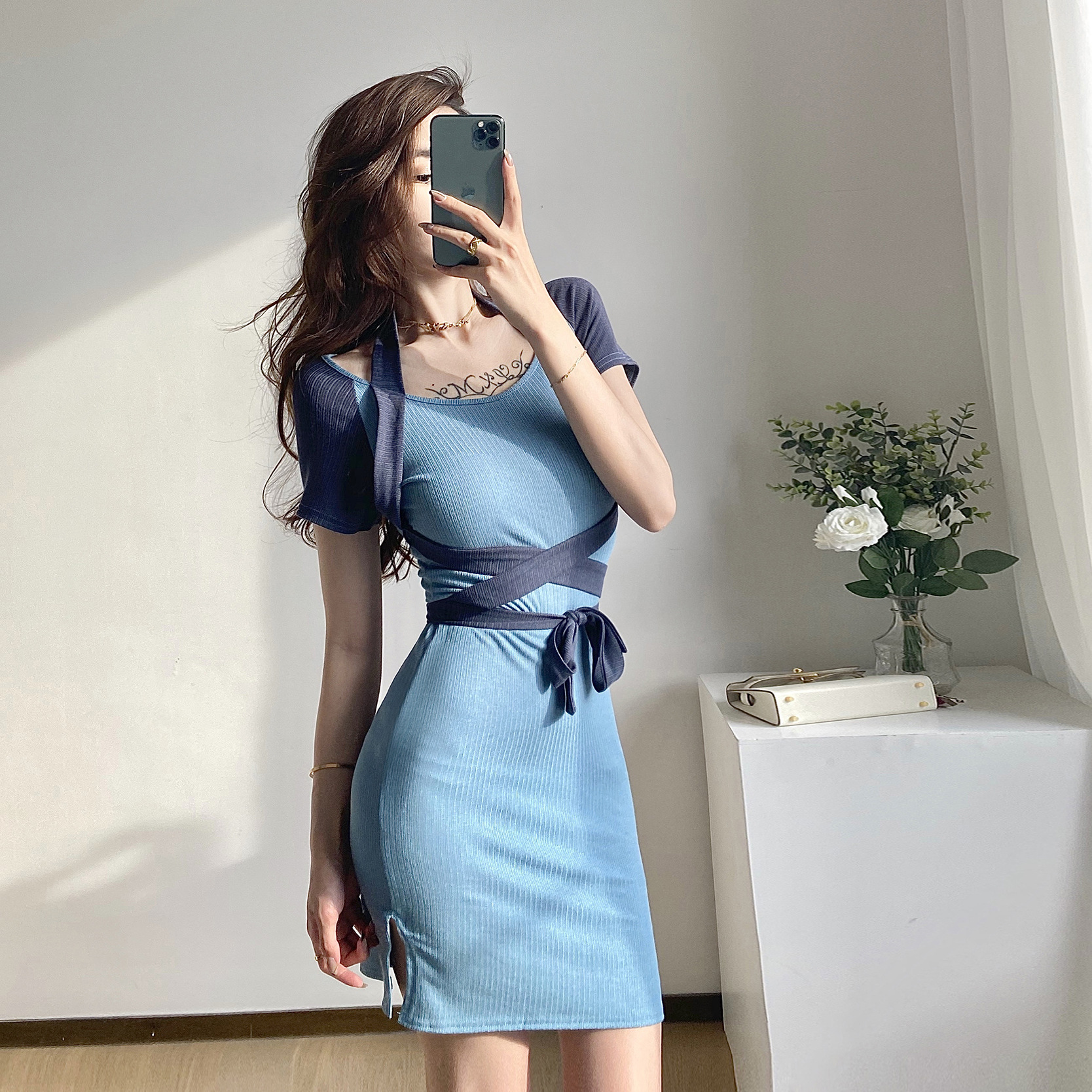 女装时尚短袖t恤背带牛仔连衣裙两件套裙子套装夏季气质跨境独立站
