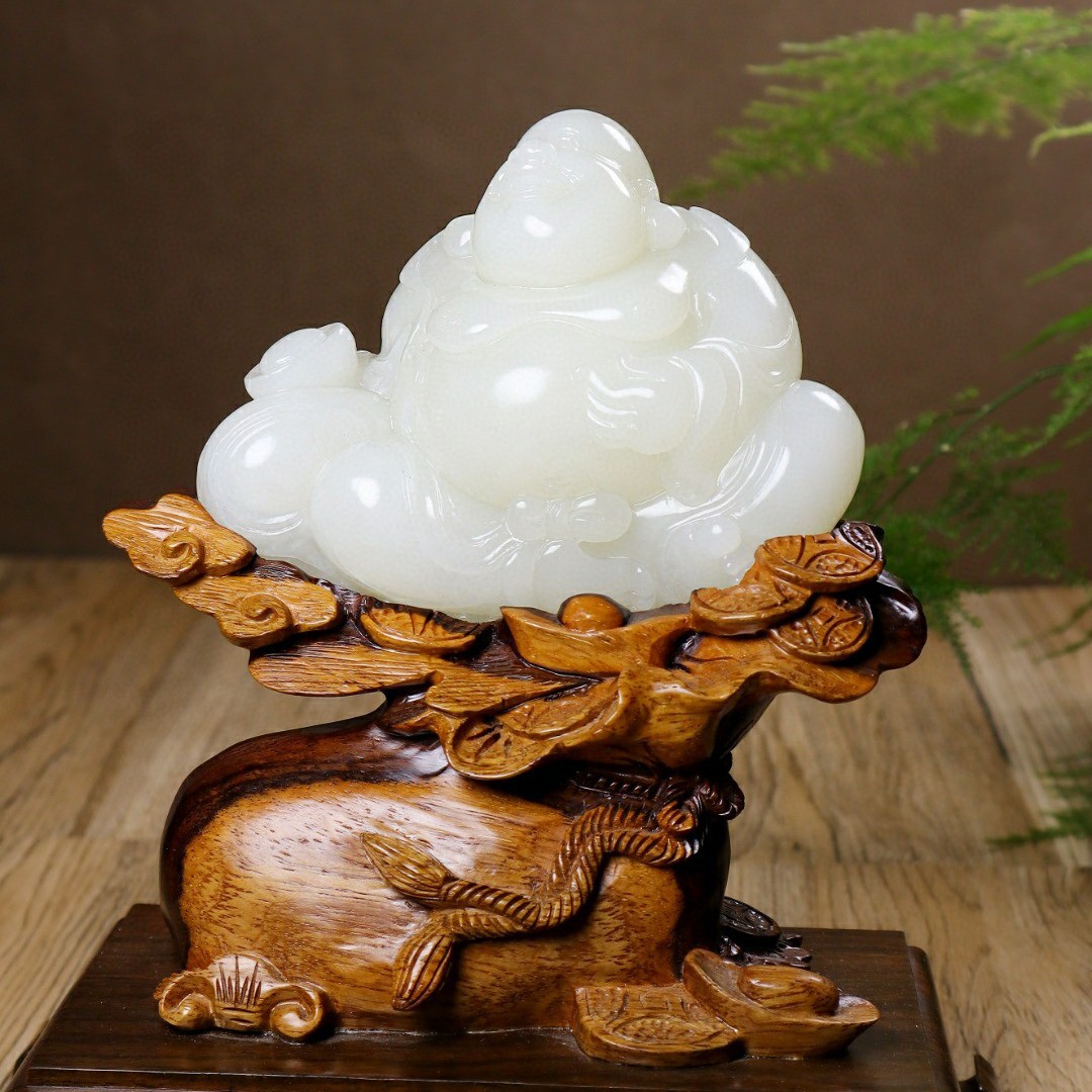 纯净和田玉弥勒笑佛玉石摆饰手工雕刻工艺品羊脂玉佛像白玉摆件