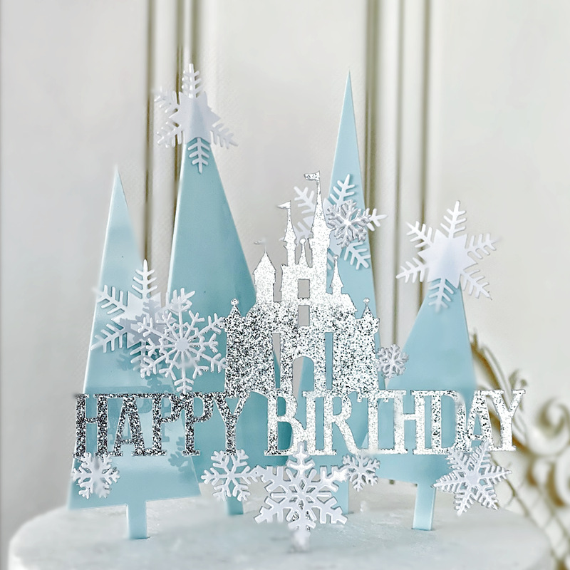 Baking Cake Topper Happy Birthday Snowflake Castle Cake Plug-in Double Acrylic Cake Decorative Insertion