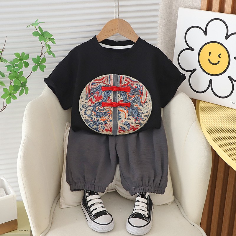 Baby Boy Summer Clothes Suit Western Style Boys' Short Sleeve New Chinese Style Machine Embroidery Two-Piece Set Clothes for Babies Small Children's Clothing