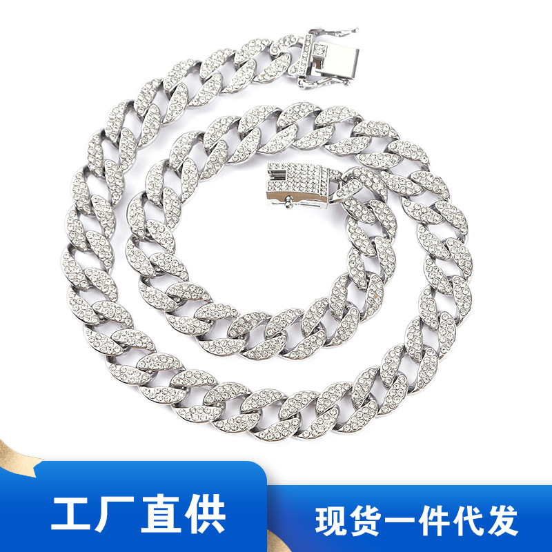 European and American Classic 15mm Personality Cuban Link Chain Men's Necklace Gold-Plated Full Diamond Alloy Hip Hop Necklace Cross-Border Supply