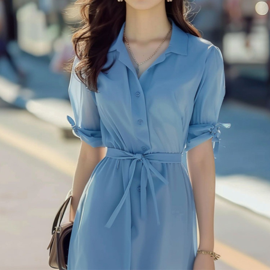 法式千金天蓝色衬衫式连衣裙2024夏季新款气质名媛高端女神范小裙