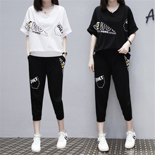 夏季2024新款韩版大码胖MM时尚减龄跑步运动服女短袖七分裤两件套