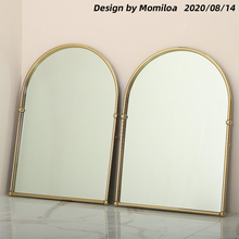 。跨境复古黄铜拱形智能浴室镜金色卫生间挂墙发光镜子法式梳妆台