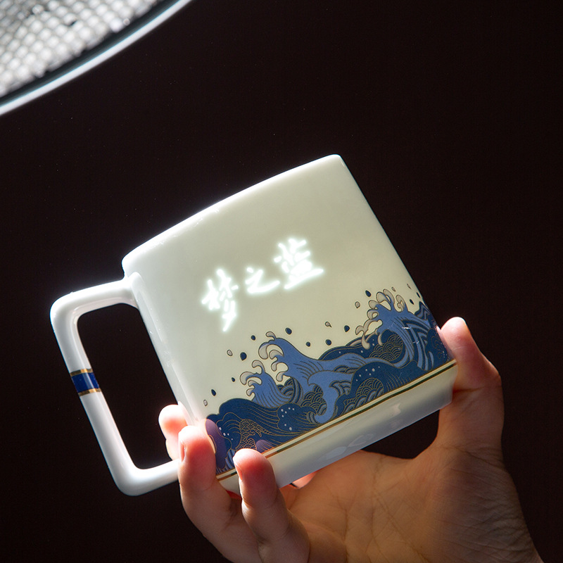 Jingdezhen Ceramic Cup Blue and White Household with Cover Strain Cup Chinese Ceramic Cup Gift Printed Logo